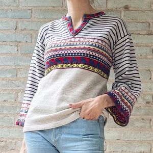 Vintage Sweater Ski Split Placket Neck Cream Knit Pullover Nordic Norwegian 70s